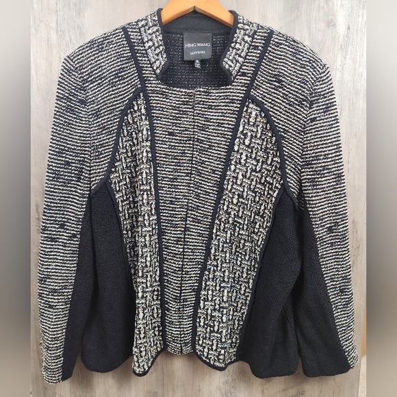 Ming Wang Sapphire Padded Shoulders Mixed Media Zip Up Speckled Jacket XL - Picture 5 of 11